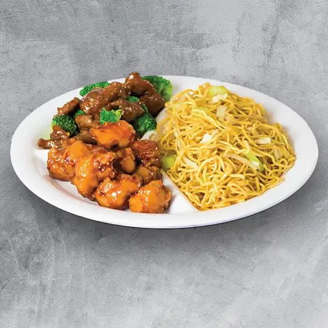 Two-choice plate with honey chicken and noodles